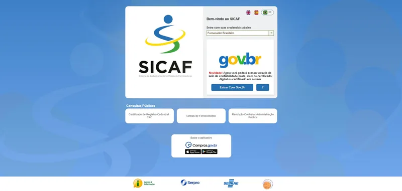 Tela de entrada do SICAF com a opção Fornecedor Brasileiro, o botão Entrar Com Gov.Br e os botões de Consultas Públicas