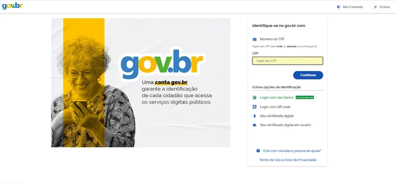Tela de identificação do gov.br com o campo CPF, o botão Continuar e as outras opções de login
