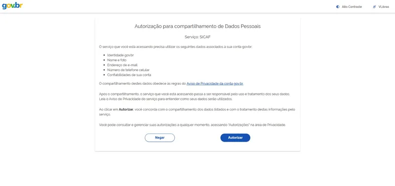 Tela do gov.br de autorização para compartilhamento de dados pessoais com o SICAF, com os botões Negar e Autorizar