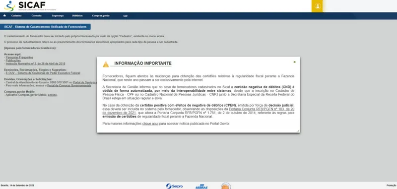 Tela inicial do SICAF com a caixa Informação Importante sobre a obtenção automática da certidão federal e a inclusão de certidão por decisão judicial
