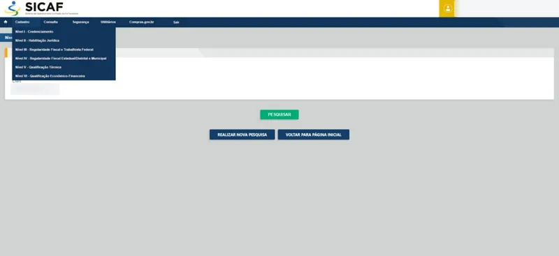 Menu Cadastro do SICAF aberto com a lista dos níveis I a VI