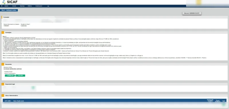 Tela do Nível II, Habilitação Jurídica, com orientações, natureza jurídica, contrato social anexado, responsável legal e tabela de sócios e administradores