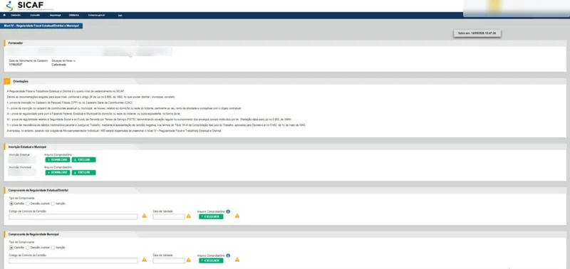 Tela do Nível IV com inscrição estadual e municipal anexadas e os blocos de comprovante estadual e municipal com as opções certidão, decisão judicial e isenção