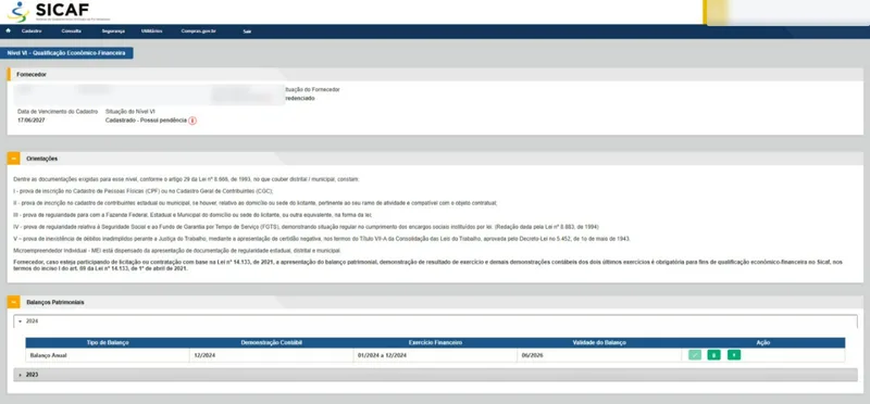 Tela do Nível VI com o aviso sobre o art. 69, I, da Lei 14.133, a situação do nível com pendência e a lista de balanços patrimoniais por ano